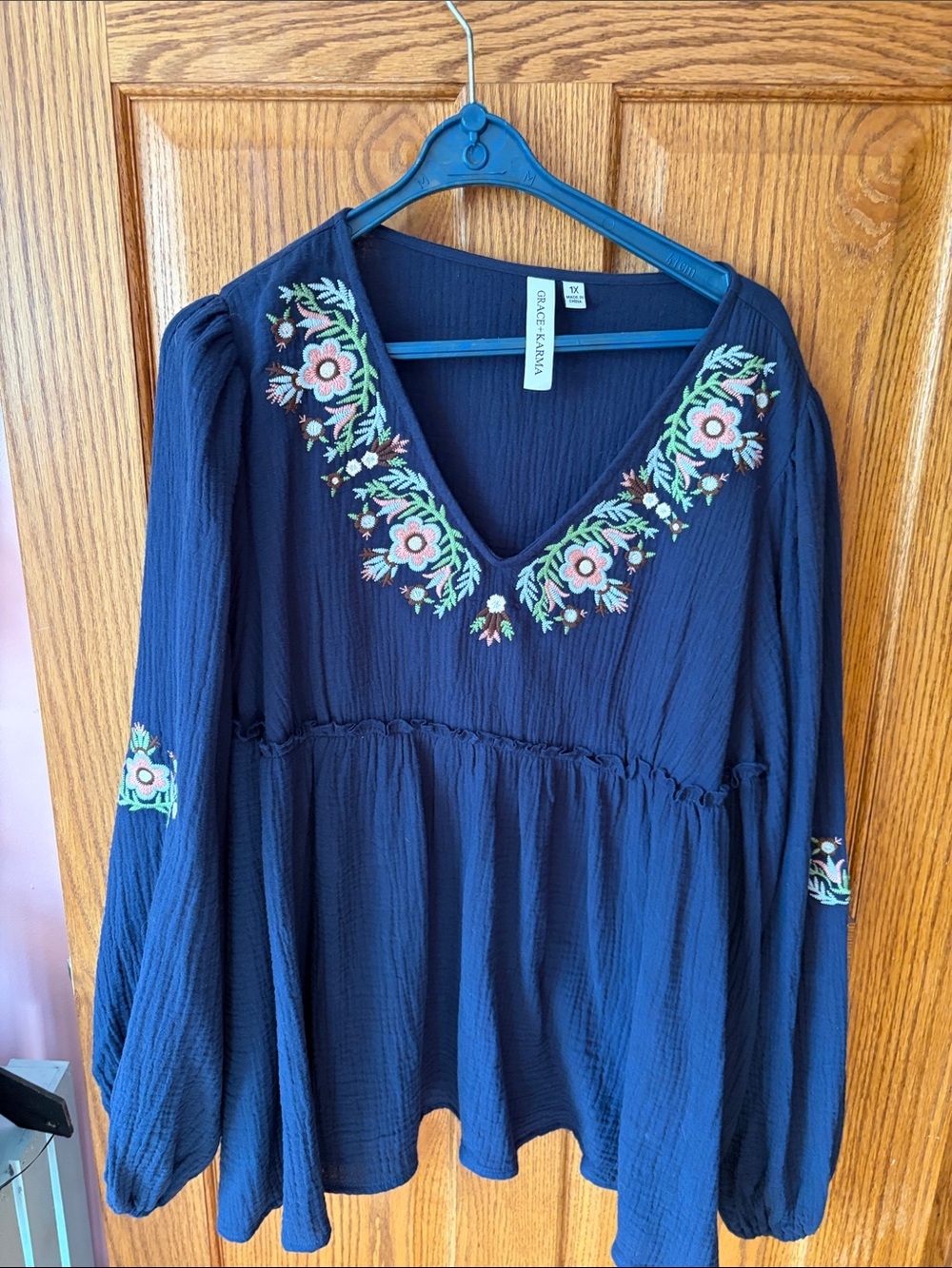 Grace & karma Navy Embroidered V-Neck Peasant Blouse